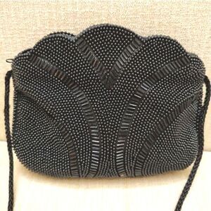 Black Scalloped Beaded Evening Shoulder Bag